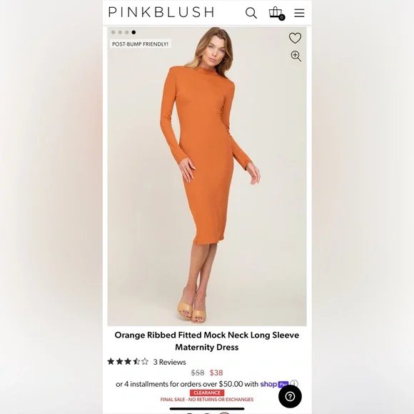 Pink Blush Orange Ribbed Fitted Mock Neck Long Sleeve Maternity Dress - Picture 5 of 5